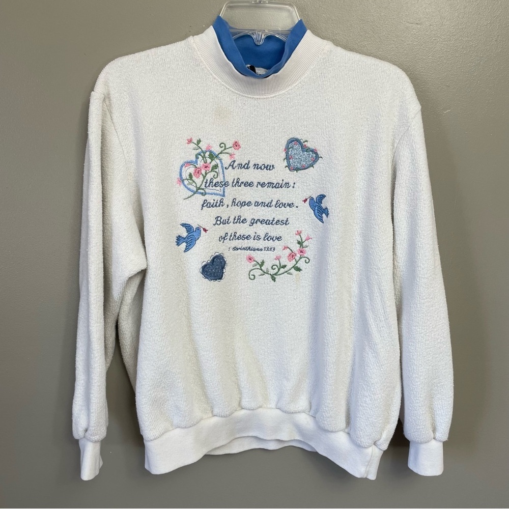 Vintage Bon Worth sweatshirt embroidered Bible verse love Valentines granny